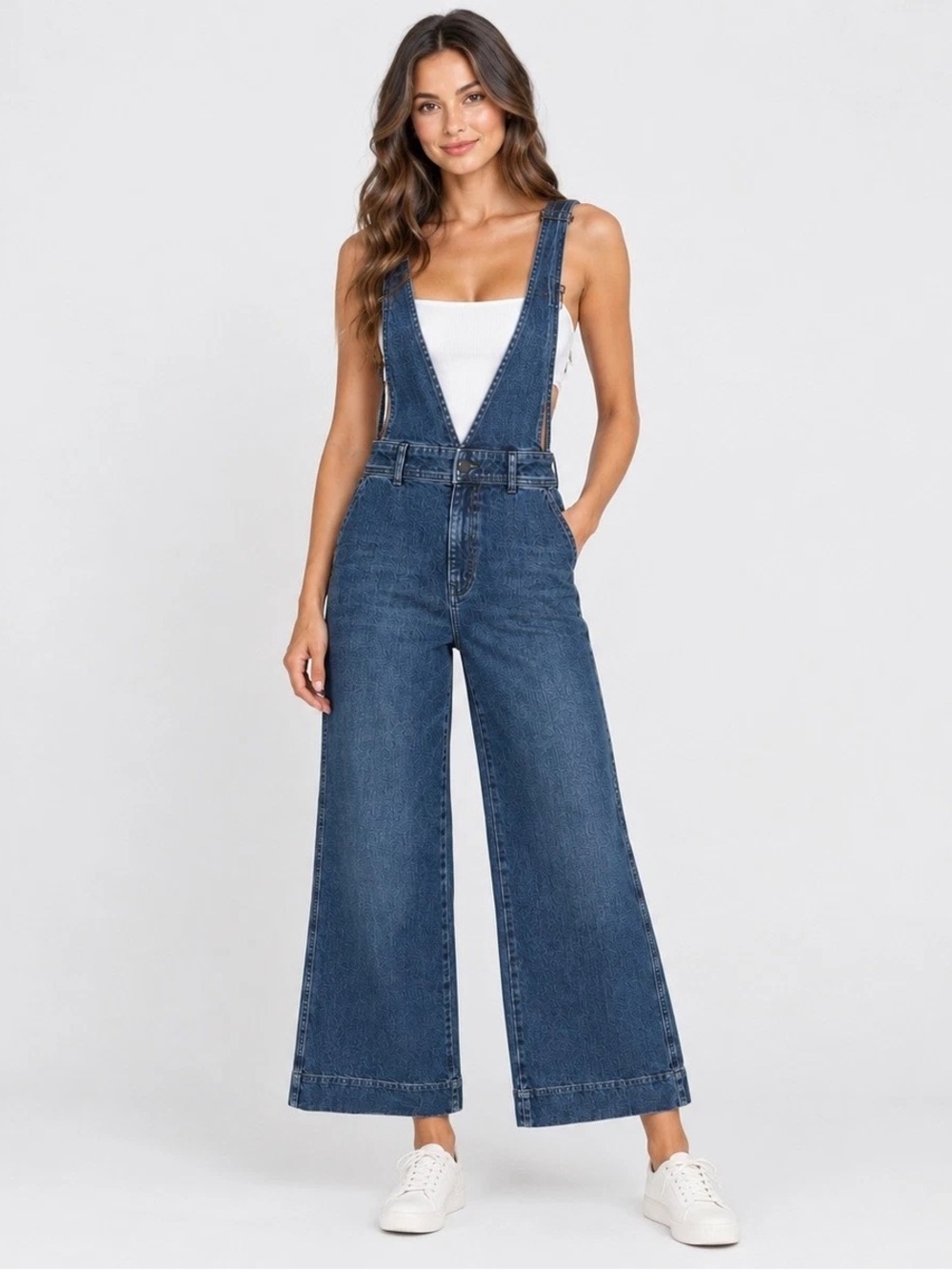 Free People Deep V Denim Wide-Leg Jumpsuit - Blue